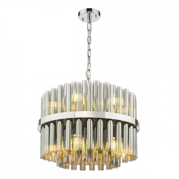 Dar IMA1250 Imani 12 Light Pendant Polished Chrome and Smoked Ribbed Glass