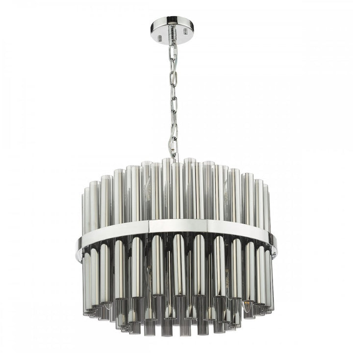 Dar IMA1250 Imani 12 Light Pendant Polished Chrome and Smoked Ribbed Glass