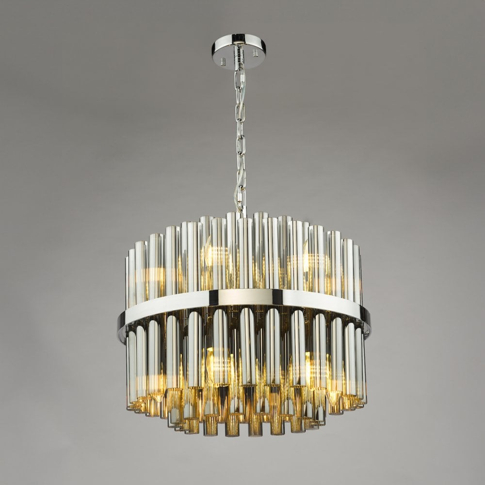Dar IMA1250 Imani 12 Light Pendant Polished Chrome and Smoked Ribbed Glass