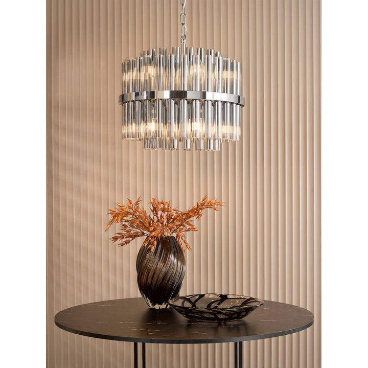 Dar IMA1250 Imani 12 Light Pendant Polished Chrome and Smoked Ribbed Glass