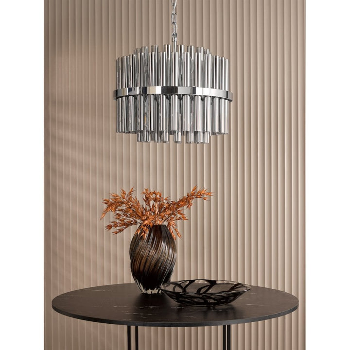 Dar IMA1250 Imani 12 Light Pendant Polished Chrome and Smoked Ribbed Glass