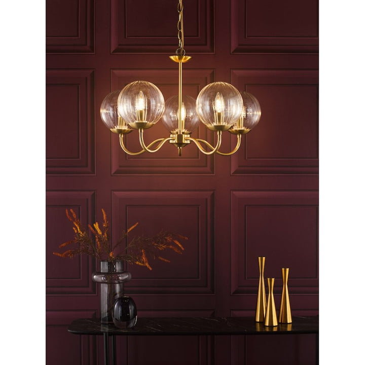 Dar JOC0542 Jocelyn 5 Light Armed Pendant Natural Brass and Glass