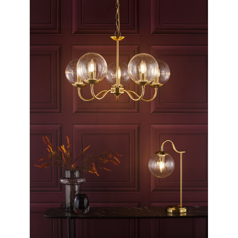 Dar JOC0542 Jocelyn 5 Light Armed Pendant Natural Brass and Glass