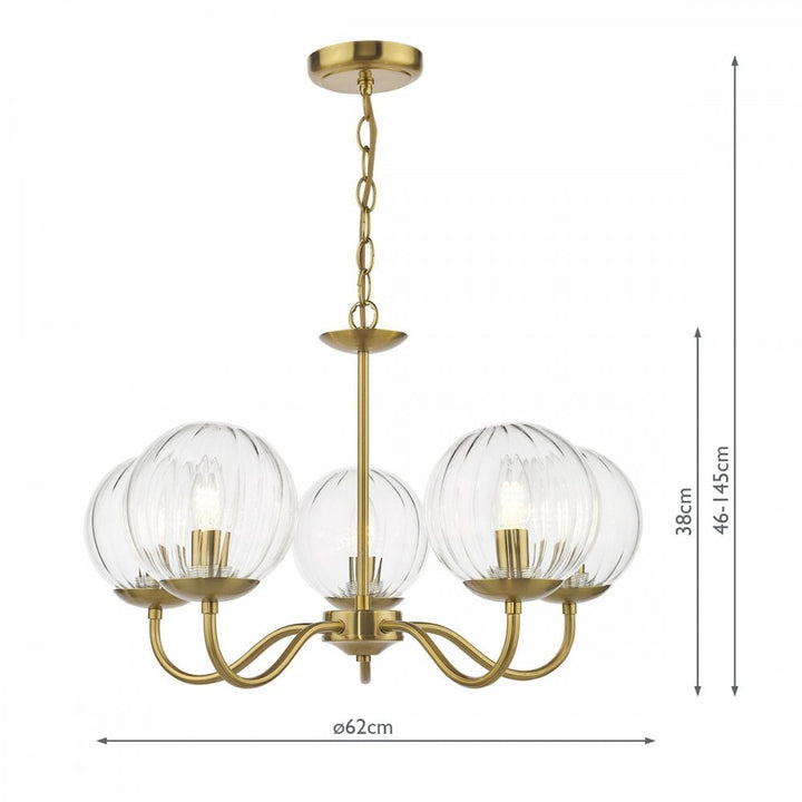 Dar JOC0542 Jocelyn 5 Light Armed Pendant Natural Brass and Glass