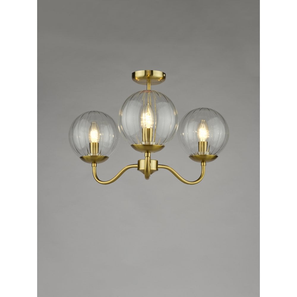 Dar JOC5342 Jocelyn 3 Light Semi-Flush Natural Brass and Glass