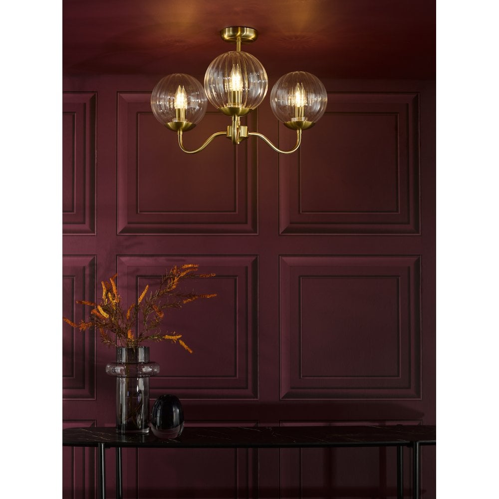 Dar JOC5342 Jocelyn 3 Light Semi-Flush Natural Brass and Glass