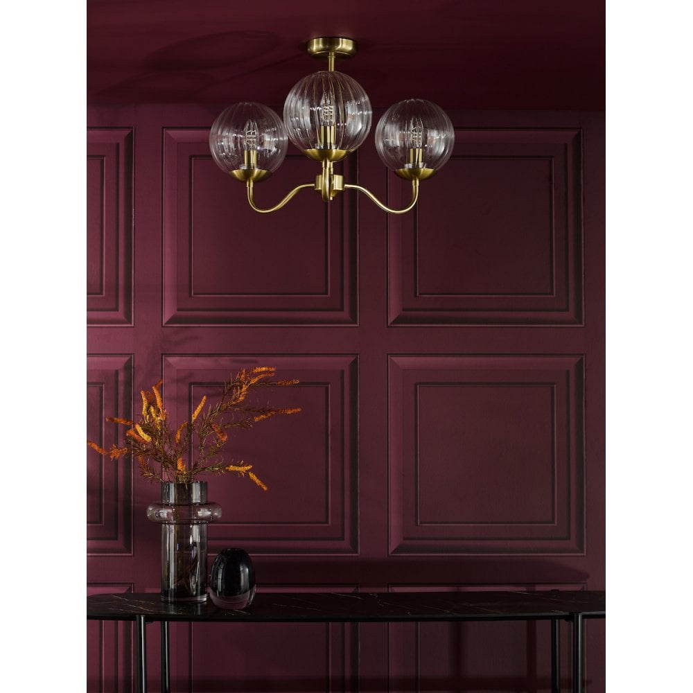 Dar JOC5342 Jocelyn 3 Light Semi-Flush Natural Brass and Glass