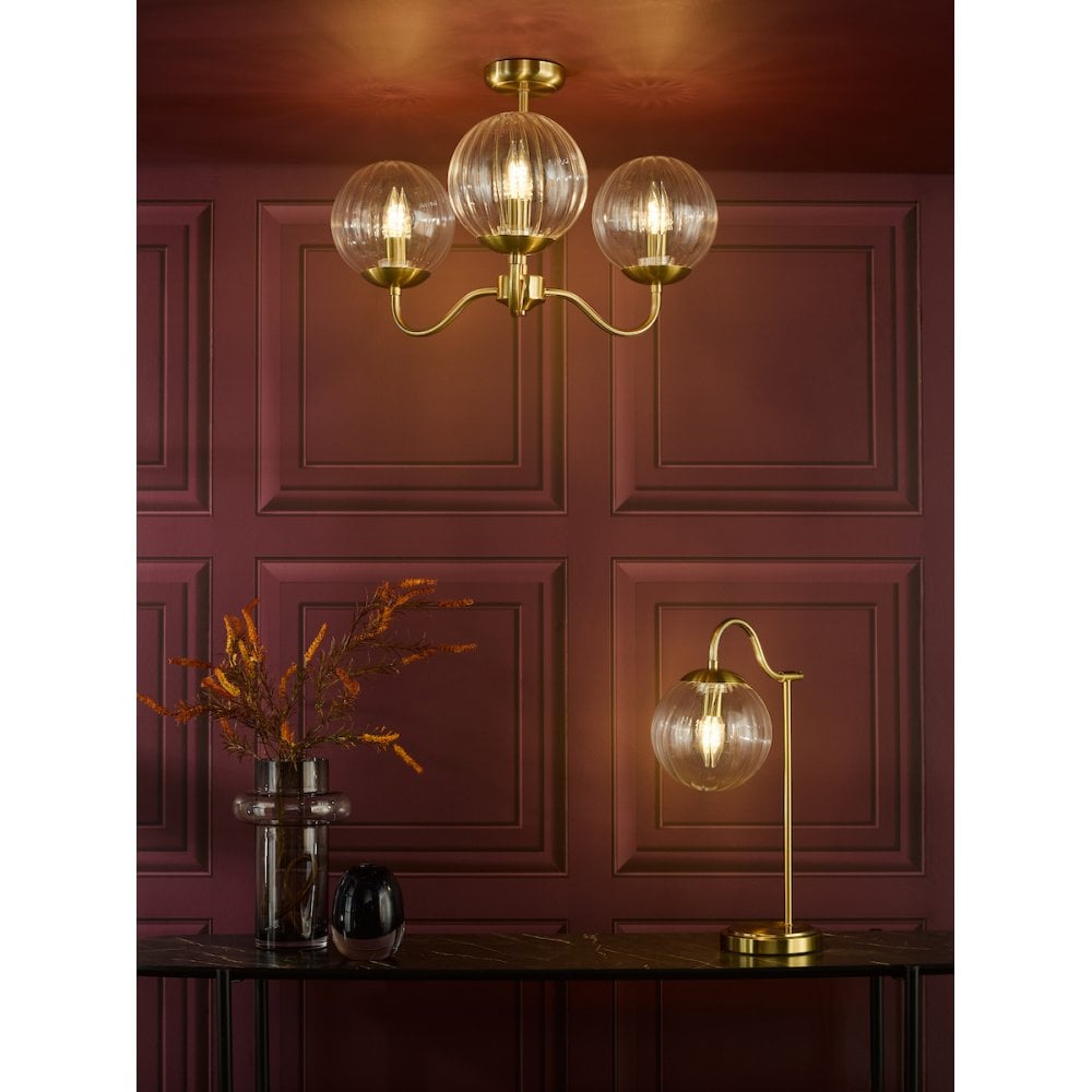 Dar JOC5342 Jocelyn 3 Light Semi-Flush Natural Brass and Glass