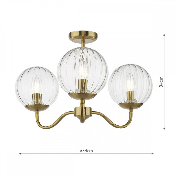 Dar JOC5342 Jocelyn 3 Light Semi-Flush Natural Brass and Glass