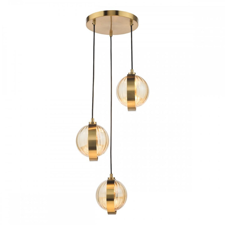 Dar OPH0335 Ophira 3 Light Cluster Pendant Antique Gold and Amber Ribbed Glass