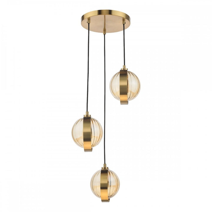 Dar OPH0335 Ophira 3 Light Cluster Pendant Antique Gold and Amber Ribbed Glass