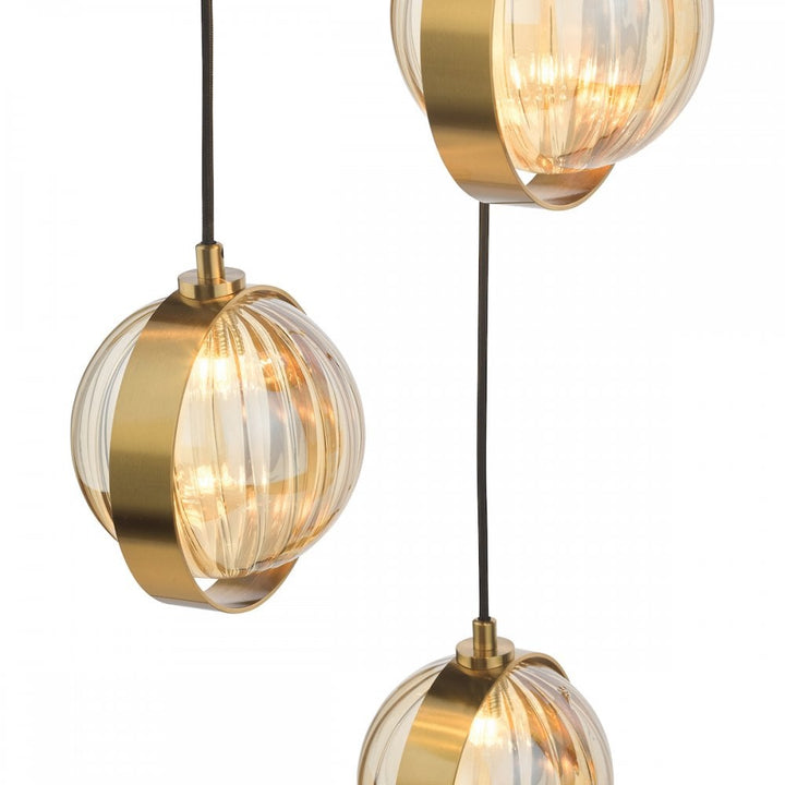 Dar OPH0335 Ophira 3 Light Cluster Pendant Antique Gold and Amber Ribbed Glass
