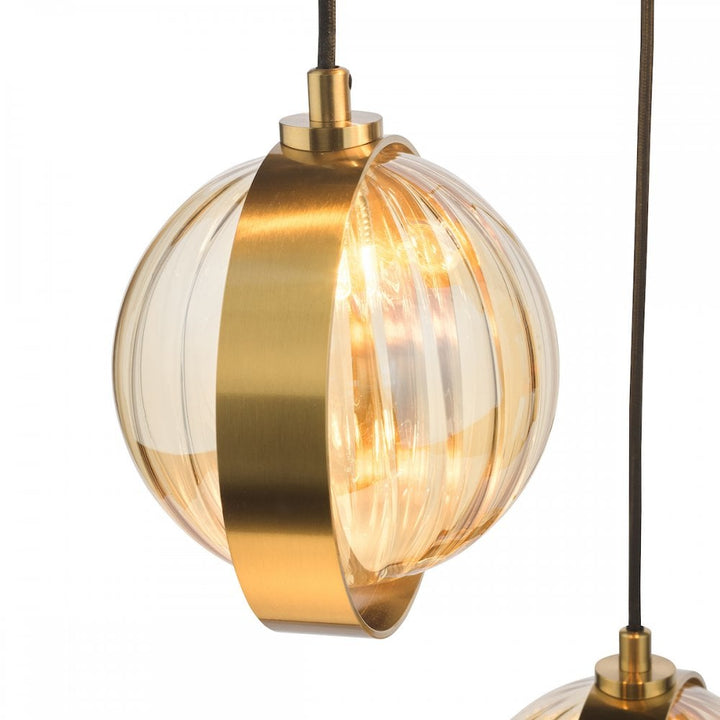 Dar OPH0335 Ophira 3 Light Cluster Pendant Antique Gold and Amber Ribbed Glass