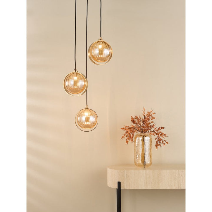 Dar OPH0335 Ophira 3 Light Cluster Pendant Antique Gold and Amber Ribbed Glass