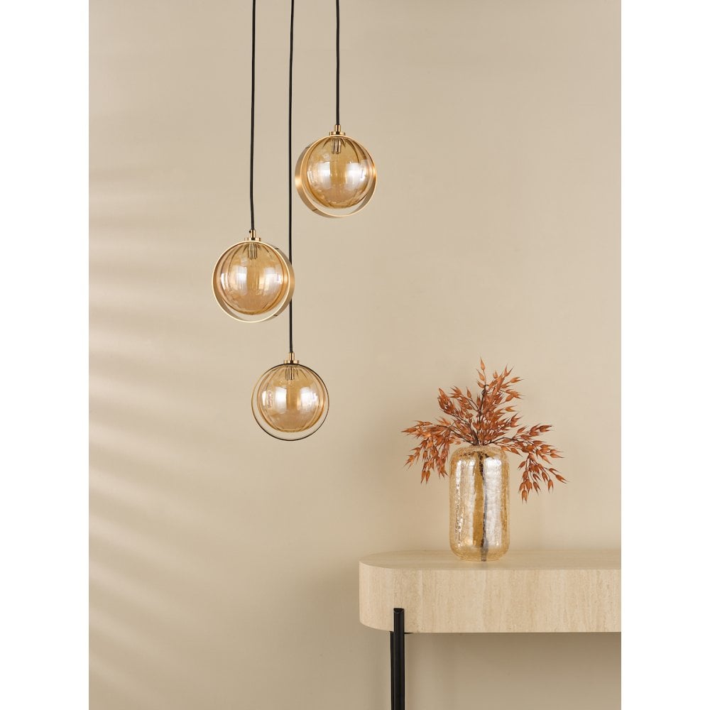 Dar OPH0335 Ophira 3 Light Cluster Pendant Antique Gold and Amber Ribbed Glass