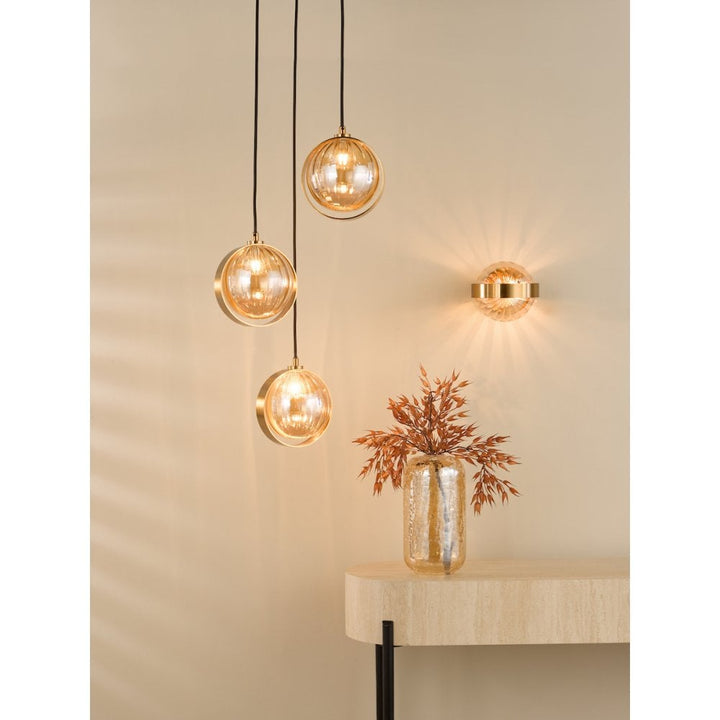 Dar OPH0335 Ophira 3 Light Cluster Pendant Antique Gold and Amber Ribbed Glass