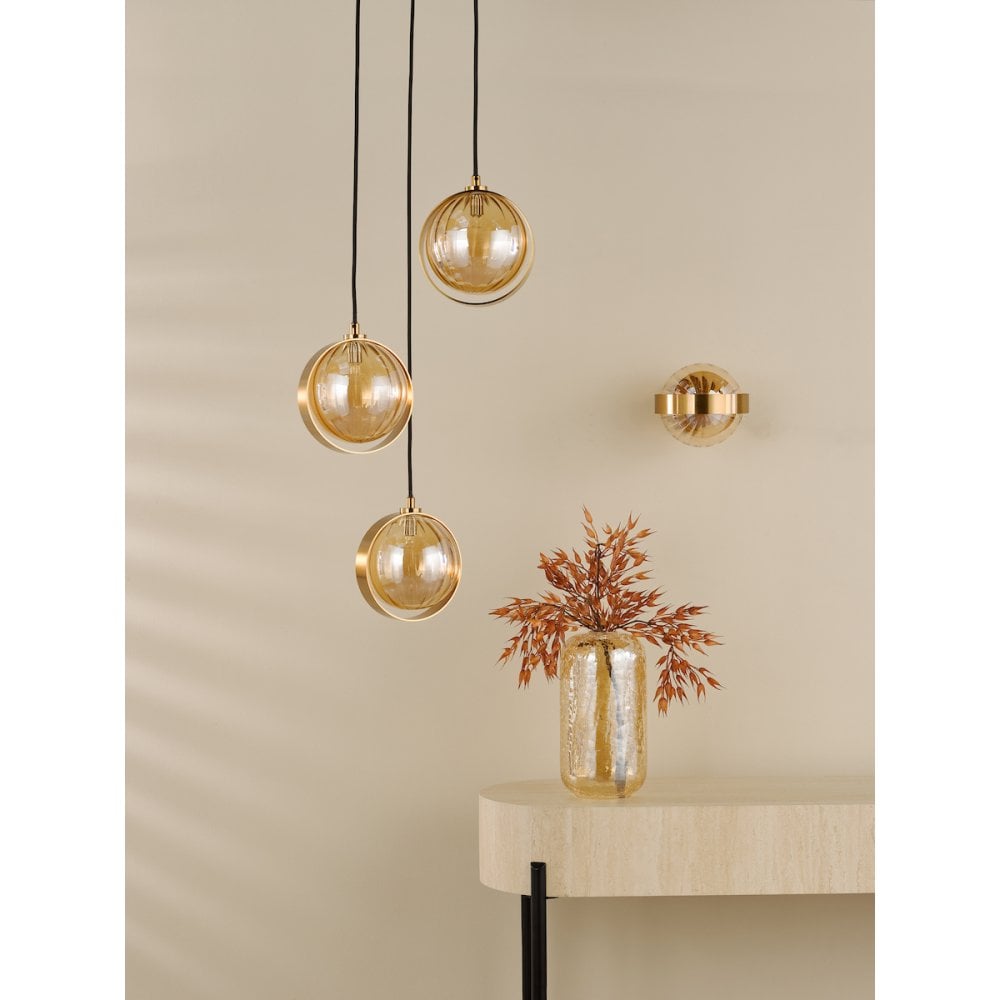 Dar OPH0335 Ophira 3 Light Cluster Pendant Antique Gold and Amber Ribbed Glass
