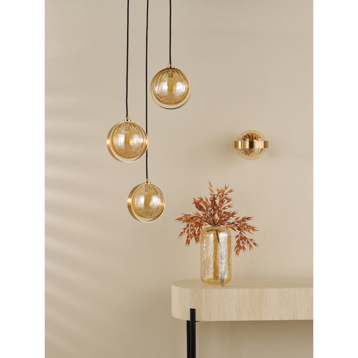 Dar OPH0335 Ophira 3 Light Cluster Pendant Antique Gold and Amber Ribbed Glass