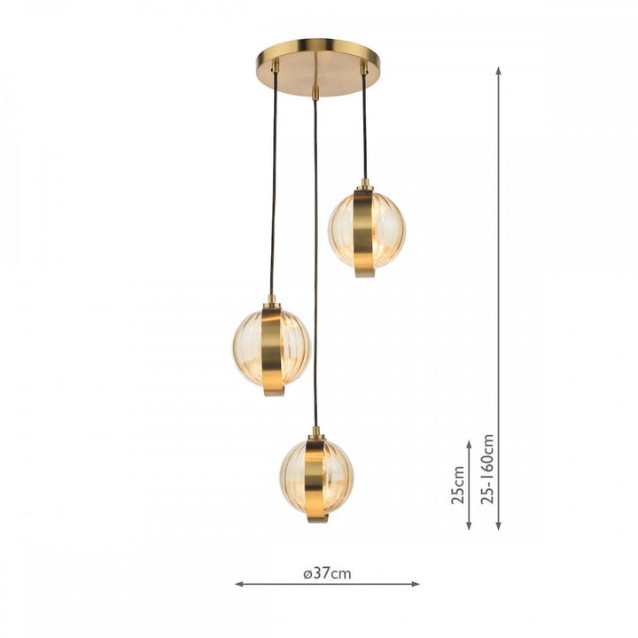 Dar OPH0335 Ophira 3 Light Cluster Pendant Antique Gold and Amber Ribbed Glass