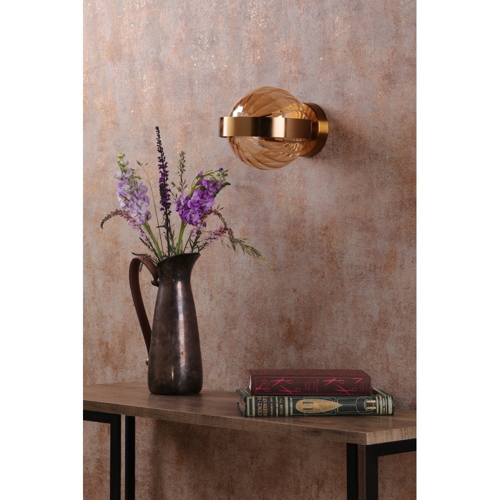 Dar OPH0735 Ophira Wall Light Antique Gold and Amber Ribbed Glass