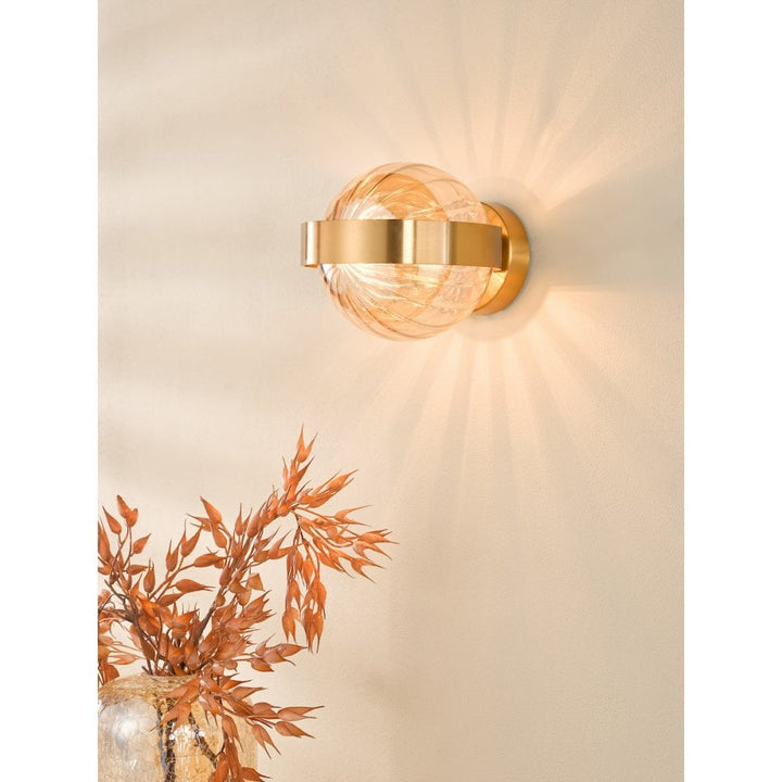 Dar OPH0735 Ophira Wall Light Antique Gold and Amber Ribbed Glass