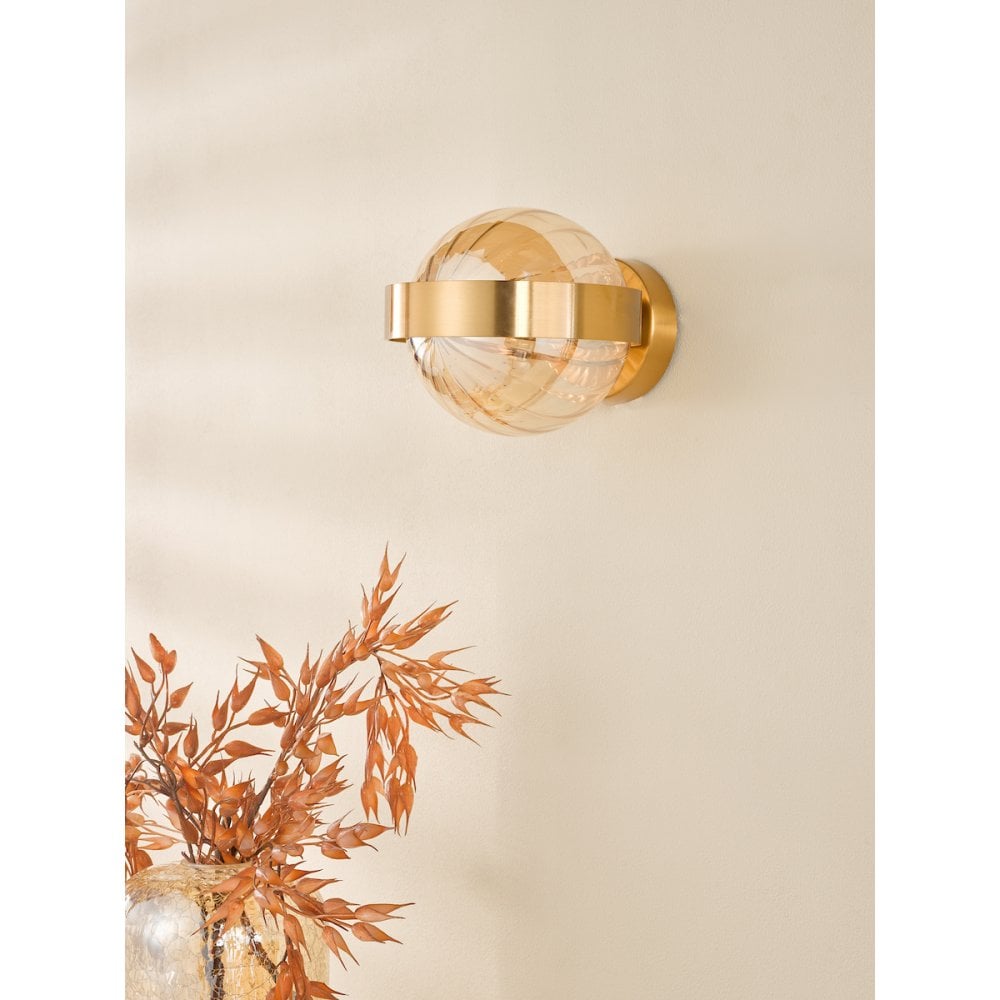 Dar OPH0735 Ophira Wall Light Antique Gold and Amber Ribbed Glass