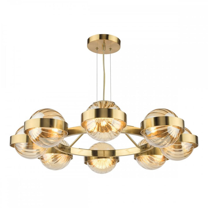Dar OPH0835 Ophira 8 Light Pendant Antique Gold and Amber Ribbed Glass