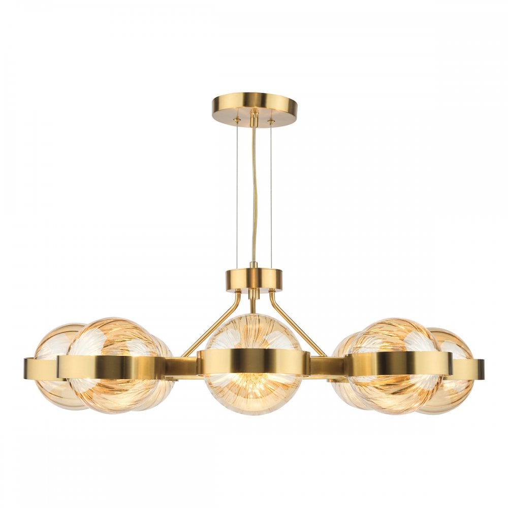 Dar OPH0835 Ophira 8 Light Pendant Antique Gold and Amber Ribbed Glass