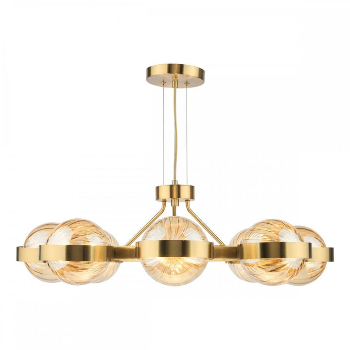 Dar OPH0835 Ophira 8 Light Pendant Antique Gold and Amber Ribbed Glass
