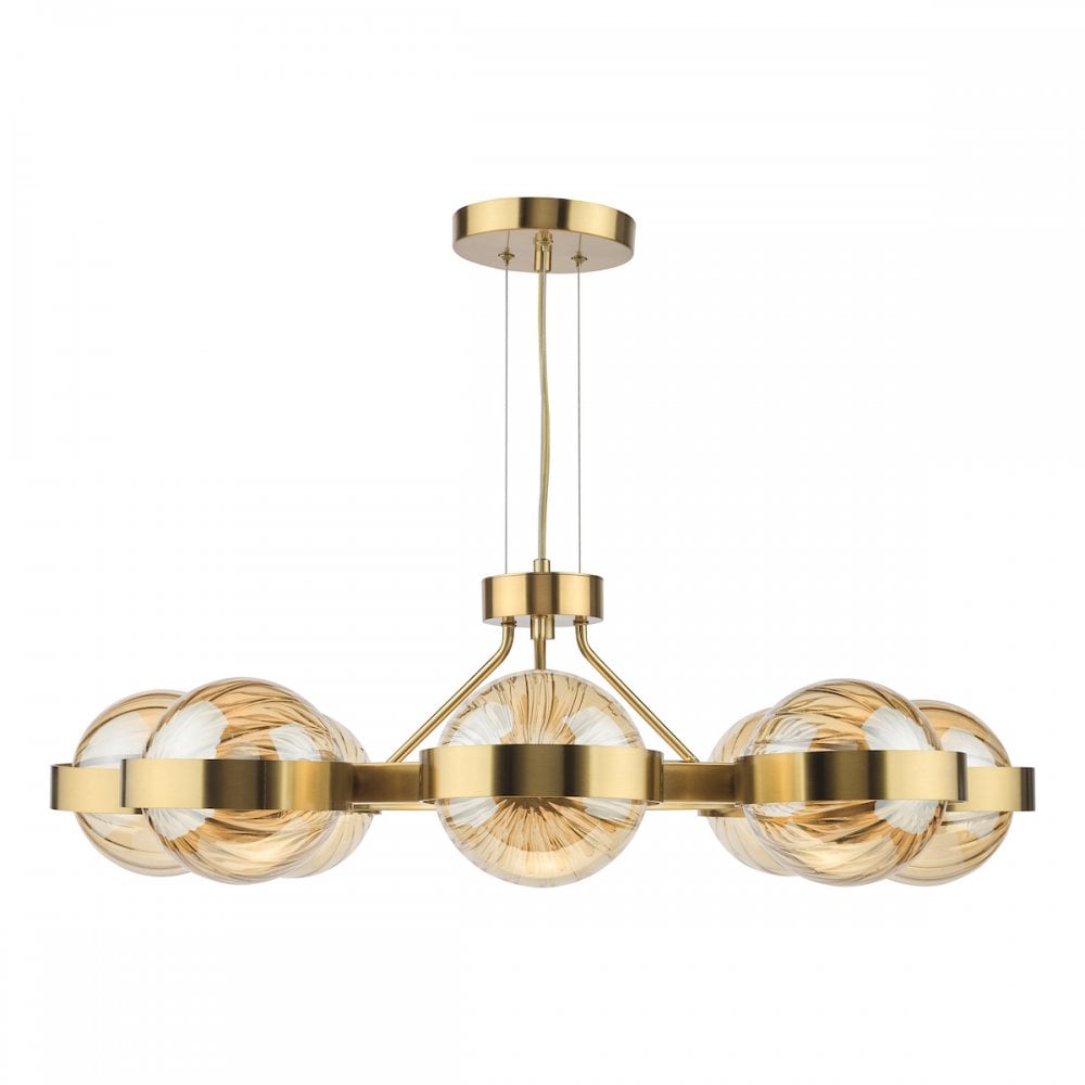 Dar OPH0835 Ophira 8 Light Pendant Antique Gold and Amber Ribbed Glass