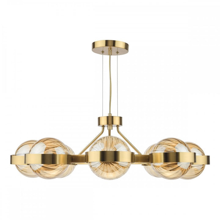 Dar OPH0835 Ophira 8 Light Pendant Antique Gold and Amber Ribbed Glass