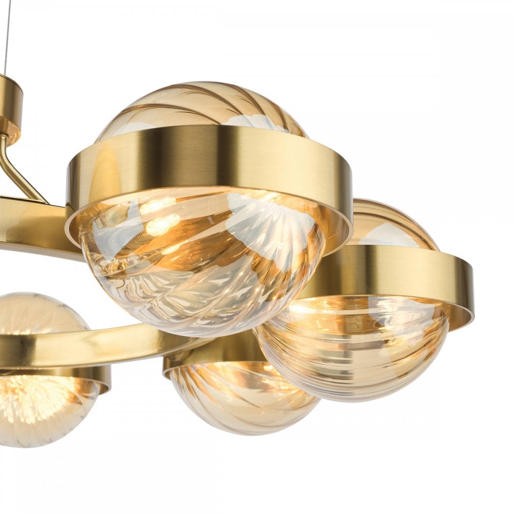 Dar OPH0835 Ophira 8 Light Pendant Antique Gold and Amber Ribbed Glass