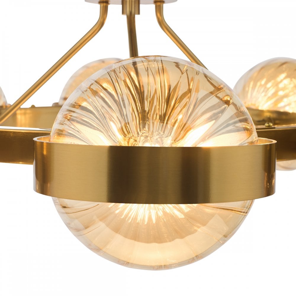Dar OPH0835 Ophira 8 Light Pendant Antique Gold and Amber Ribbed Glass