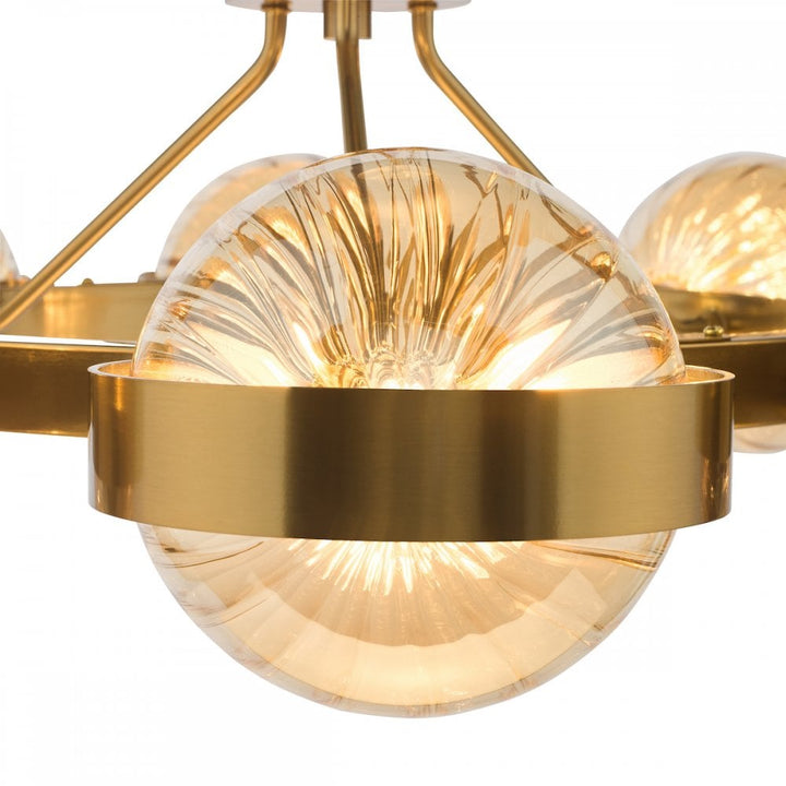 Dar OPH0835 Ophira 8 Light Pendant Antique Gold and Amber Ribbed Glass