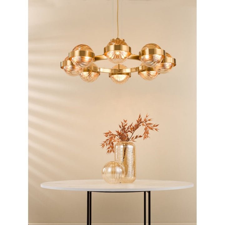 Dar OPH0835 Ophira 8 Light Pendant Antique Gold and Amber Ribbed Glass