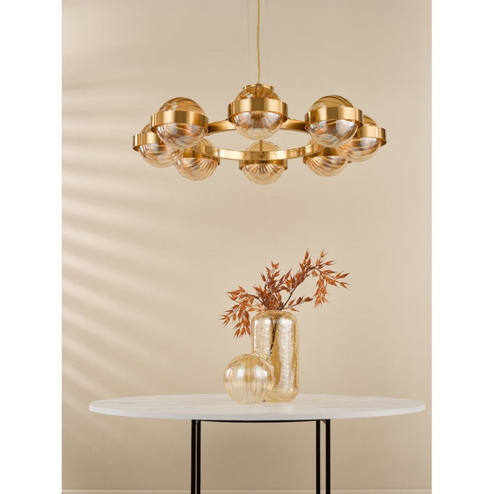 Dar OPH0835 Ophira 8 Light Pendant Antique Gold and Amber Ribbed Glass