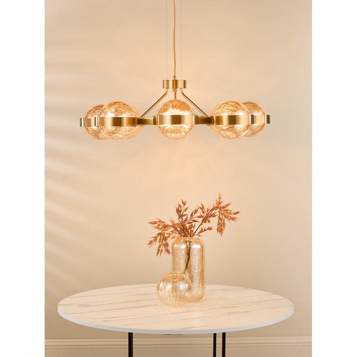 Dar OPH0835 Ophira 8 Light Pendant Antique Gold and Amber Ribbed Glass