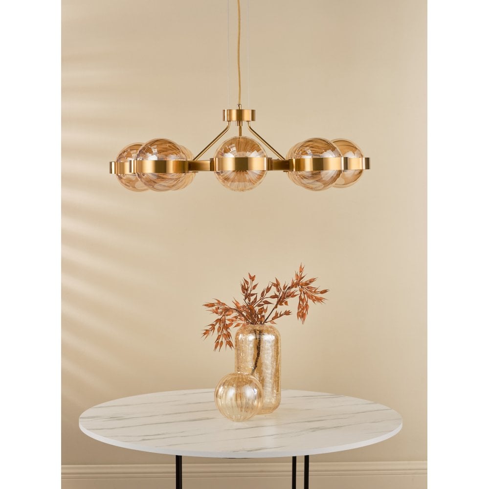Dar OPH0835 Ophira 8 Light Pendant Antique Gold and Amber Ribbed Glass