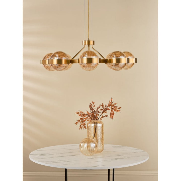 Dar OPH0835 Ophira 8 Light Pendant Antique Gold and Amber Ribbed Glass