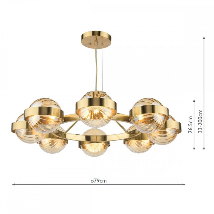 Dar OPH0835 Ophira 8 Light Pendant Antique Gold and Amber Ribbed Glass