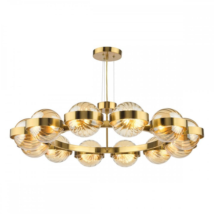 Dar OPH1235 Ophira 12 Light Pendant Antique Gold and Amber Ribbed Glass