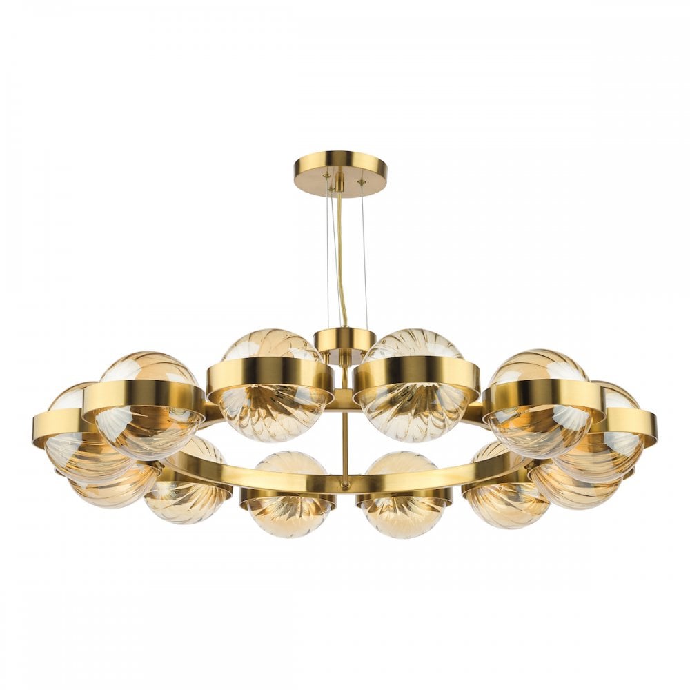 Dar OPH1235 Ophira 12 Light Pendant Antique Gold and Amber Ribbed Glass