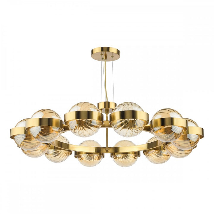 Dar OPH1235 Ophira 12 Light Pendant Antique Gold and Amber Ribbed Glass