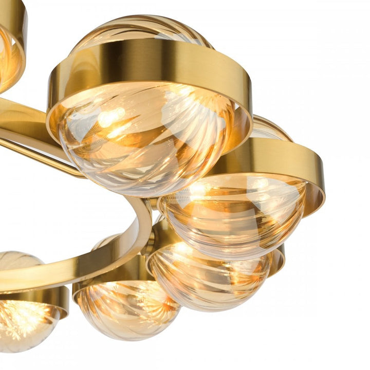 Dar OPH1235 Ophira 12 Light Pendant Antique Gold and Amber Ribbed Glass