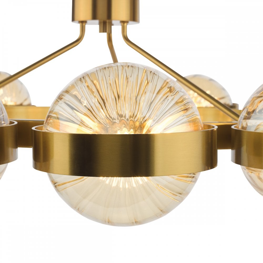 Dar OPH1235 Ophira 12 Light Pendant Antique Gold and Amber Ribbed Glass