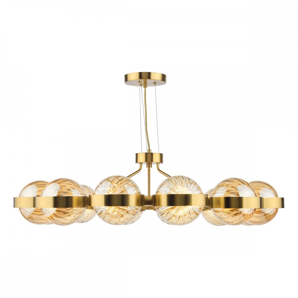 Dar OPH1235 Ophira 12 Light Pendant Antique Gold and Amber Ribbed Glass