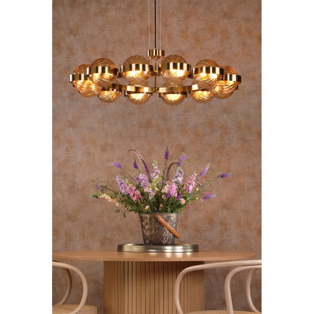 Dar OPH1235 Ophira 12 Light Pendant Antique Gold and Amber Ribbed Glass