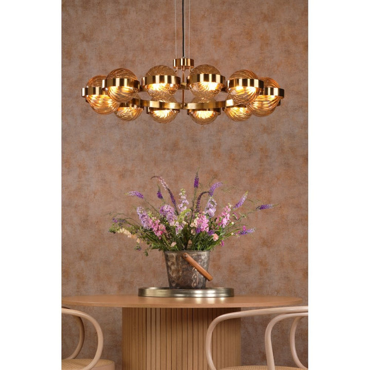 Dar OPH1235 Ophira 12 Light Pendant Antique Gold and Amber Ribbed Glass