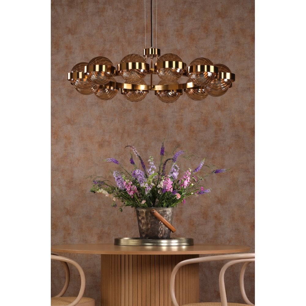 Dar OPH1235 Ophira 12 Light Pendant Antique Gold and Amber Ribbed Glass