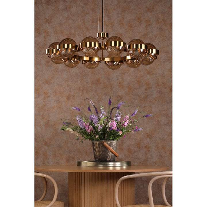 Dar OPH1235 Ophira 12 Light Pendant Antique Gold and Amber Ribbed Glass